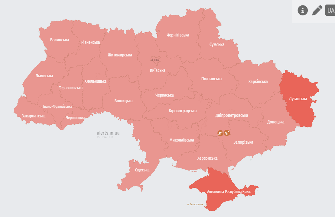Мапа тривог з сайту alerts.in.ua